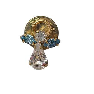 Vintage Angel Lapel Pin Gold Tone Blue Clear Rhinestone Guardian Angel